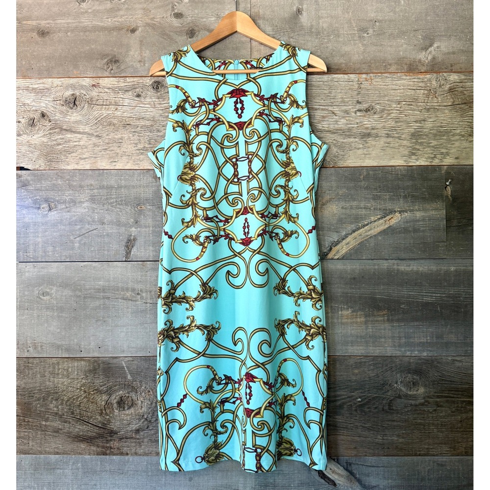 J McLaughlin Catalina Cloth Baroque Scroll Print‎ Sleeveless Dress L Aqua Blue